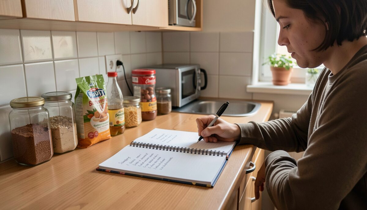Small Prague hostel kitchen with a notebook, groceries and a traveler writing a simple spending list. Illustrative image, generated with AI.