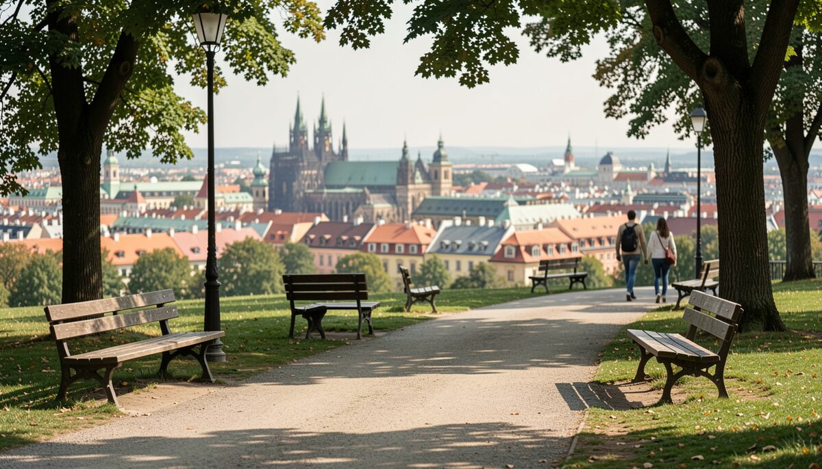 Prague park path with a city panorama behind, benches and a few walkers enjoying the view. Illustrative image, generated with AI.