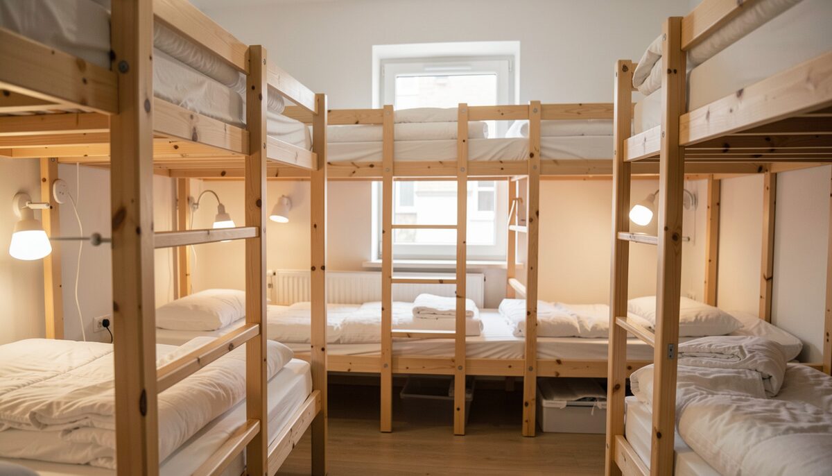 Bright Prague hostel dormitory with wooden bunk beds, reading lights and neatly stacked bedding. Illustrative image, generated with AI.