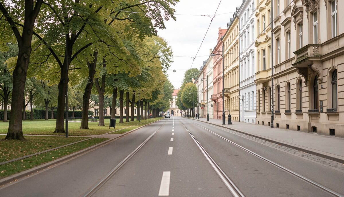 Quiet Prague avenue with a leafy park strip, tram tracks and elegant apartment facades. Illustrative image, generated with AI.