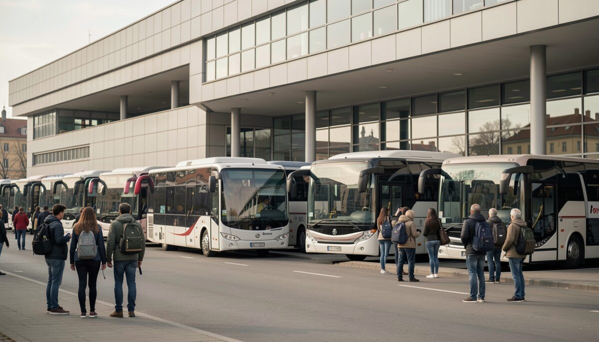 Exterior of a modern Prague bus terminal with coaches parked and travelers waiting with backpacks. Illustrative image, generated with AI.