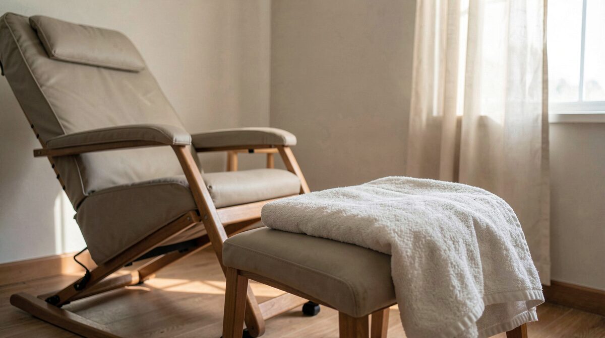 A calm treatment room with a reclining chair, a folded towel over a footstool, soft daylight through a half drawn curtain, shot from a low angle near the chair.